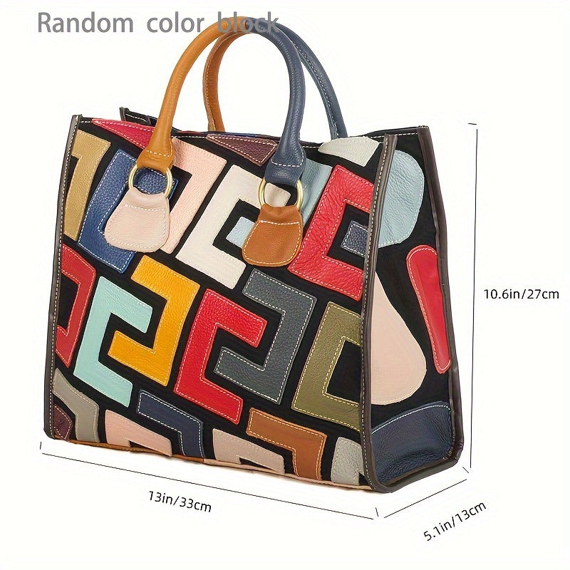 Colorblock Top Handle Satchel - Genuine Leather Fashion Handbag & Shoulder Bag