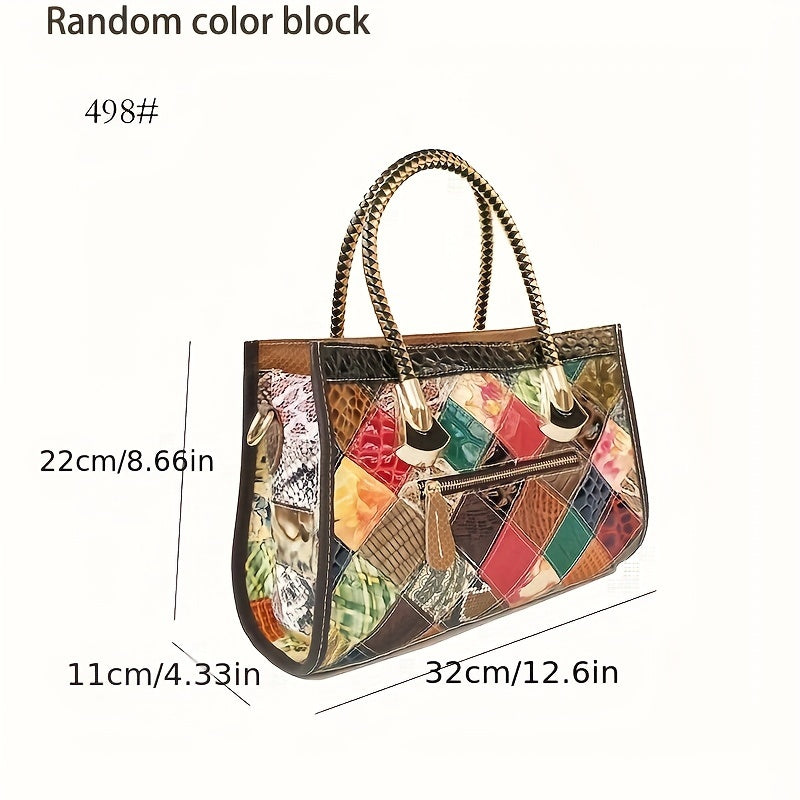 Fashion Colorblock Tote Bag - Genuine Leather Trendy Top Handle Satchel