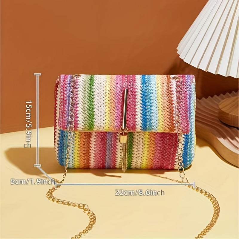 Rainbow Color Woven Shoulder Bag - Colorful Flap Stylish Handbag & Purse