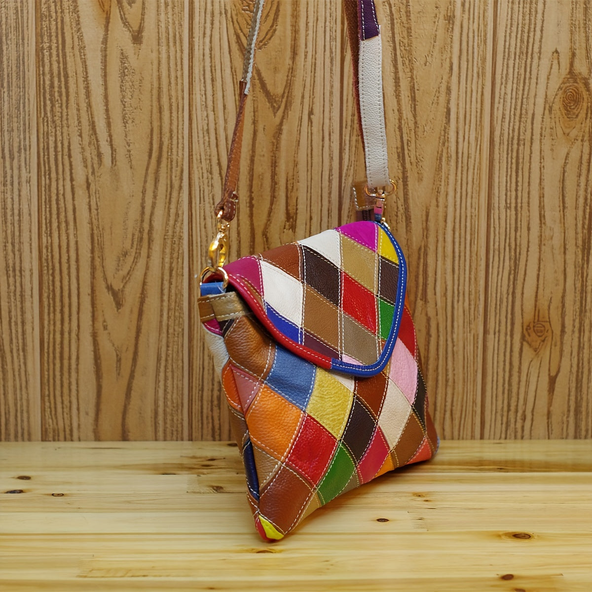 Trendy Genuine Leather Flap Crossbody Bag - Contrast Color Argyle Plaid Messenger Bag