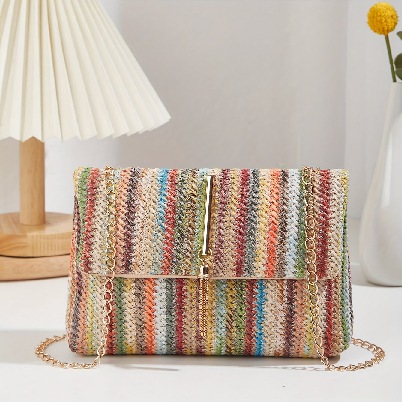 Rainbow Color Woven Shoulder Bag - Colorful Flap Stylish Handbag & Purse