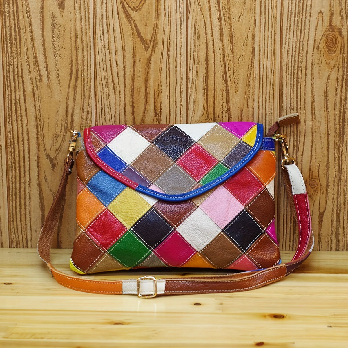 Trendy Genuine Leather Flap Crossbody Bag - Contrast Color Argyle Plaid Messenger Bag