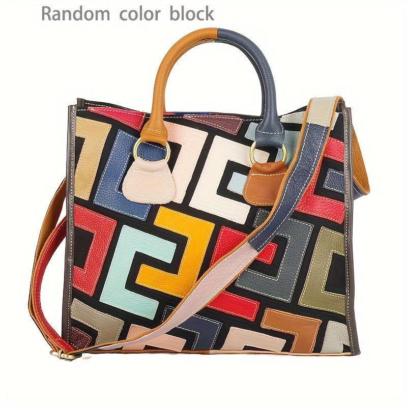 Colorblock Top Handle Satchel - Genuine Leather Fashion Handbag & Shoulder Bag