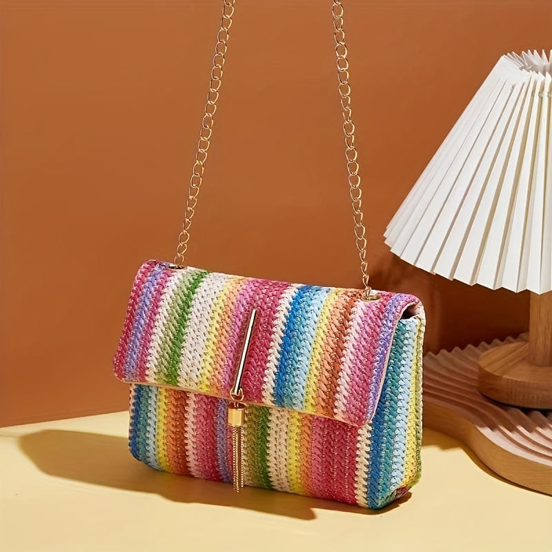 Rainbow Color Woven Shoulder Bag - Colorful Flap Stylish Handbag & Purse