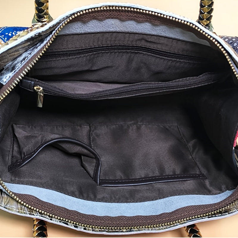 Luxury Leather Tote Bag - Colorblock Stitching Large Capacity Shoulder Handbag