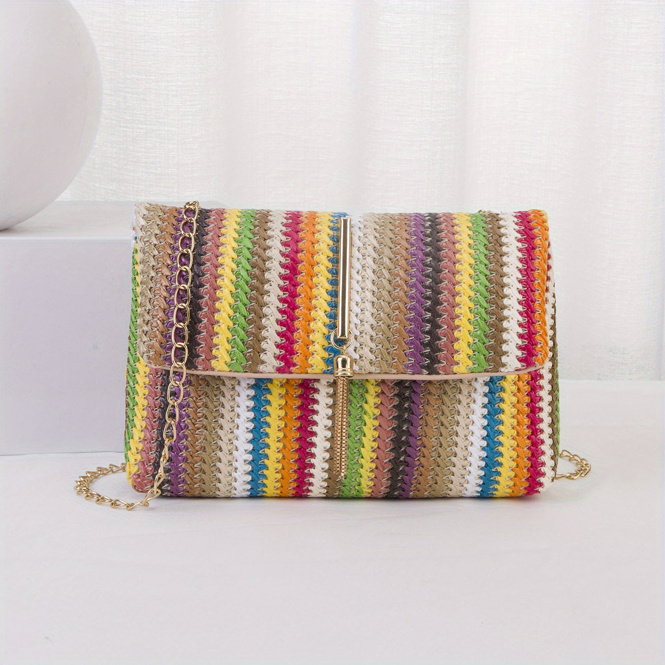 Rainbow Color Woven Shoulder Bag - Colorful Flap Stylish Handbag & Purse