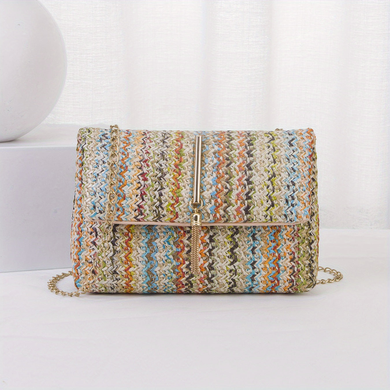 Rainbow Color Woven Shoulder Bag - Colorful Flap Stylish Handbag & Purse