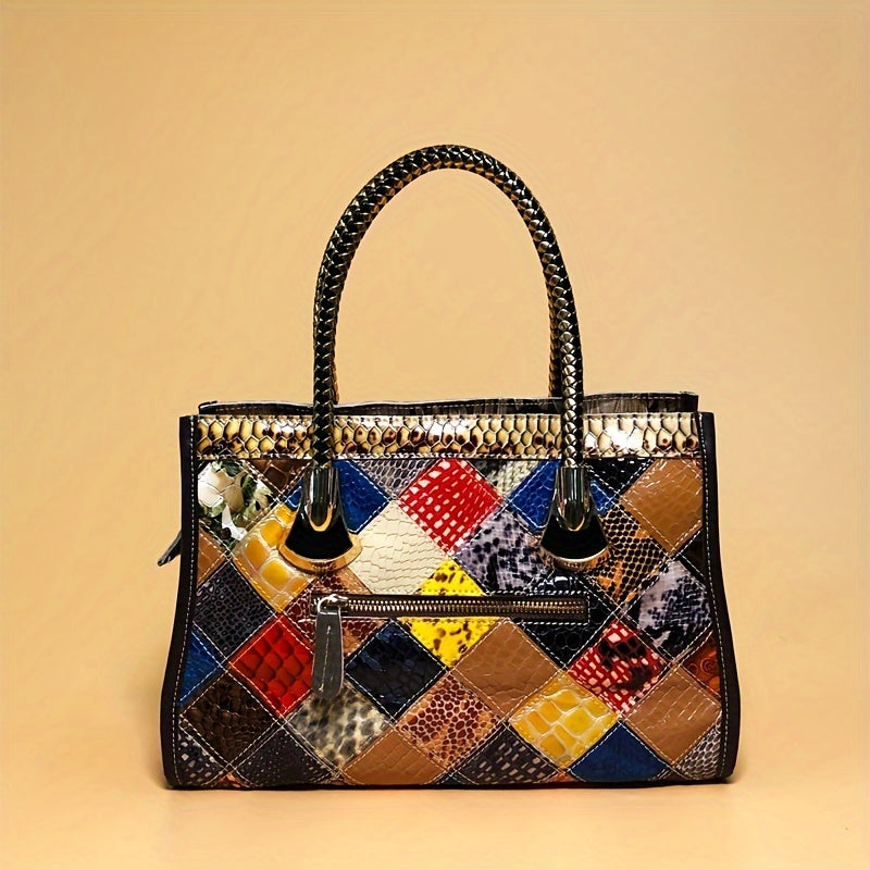 Luxury Leather Tote Bag - Colorblock Stitching Large Capacity Shoulder Handbag