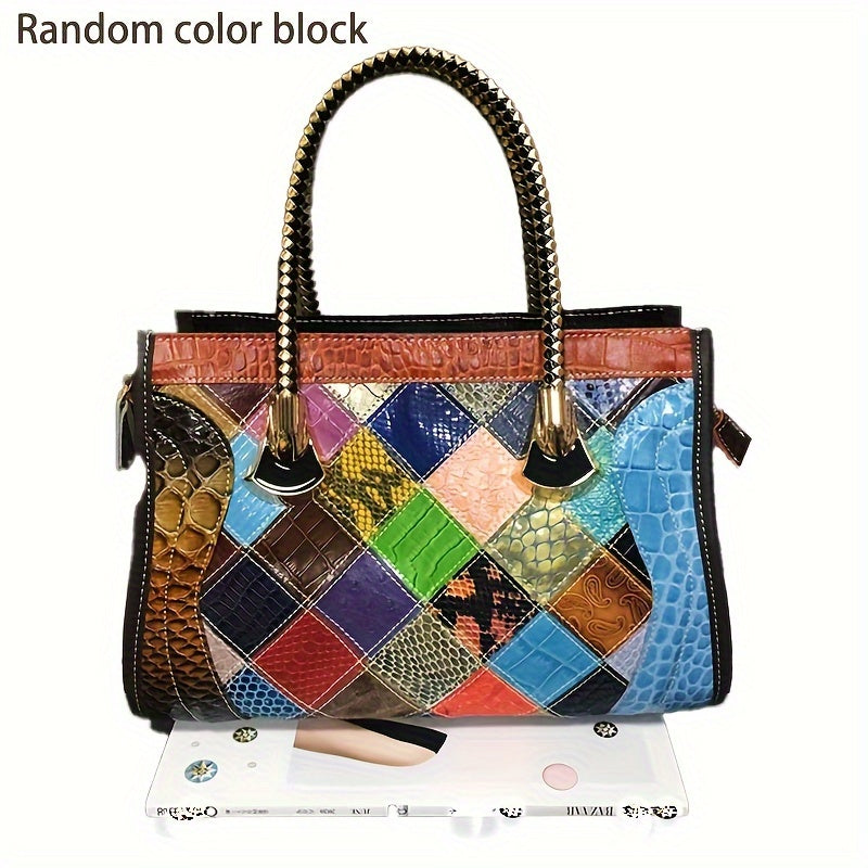 Fashion Colorblock Tote Bag - Genuine Leather Trendy Top Handle Satchel