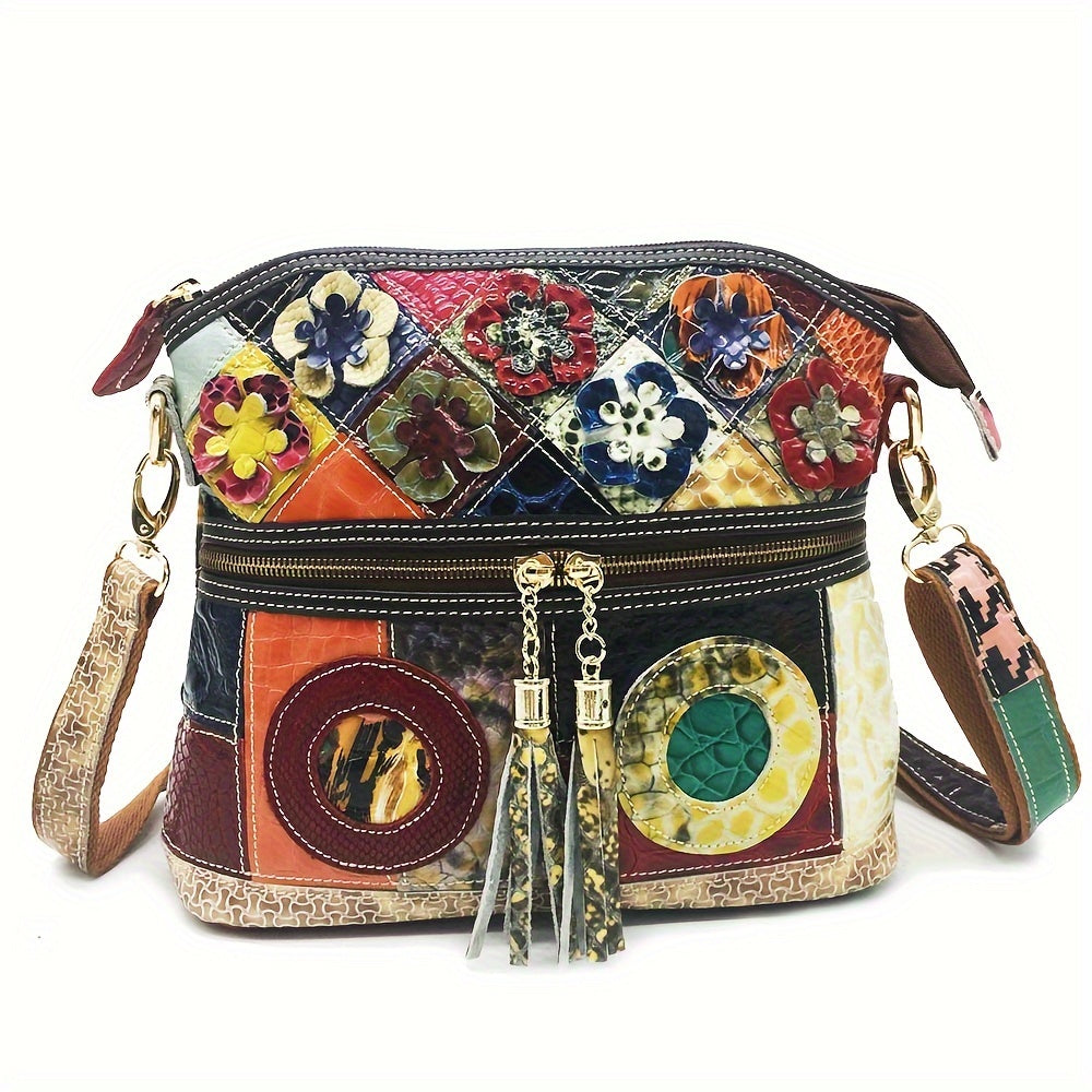 Vintage Colorblock Crossbody Bag - Genuine Leather Retro Handbag & Purse